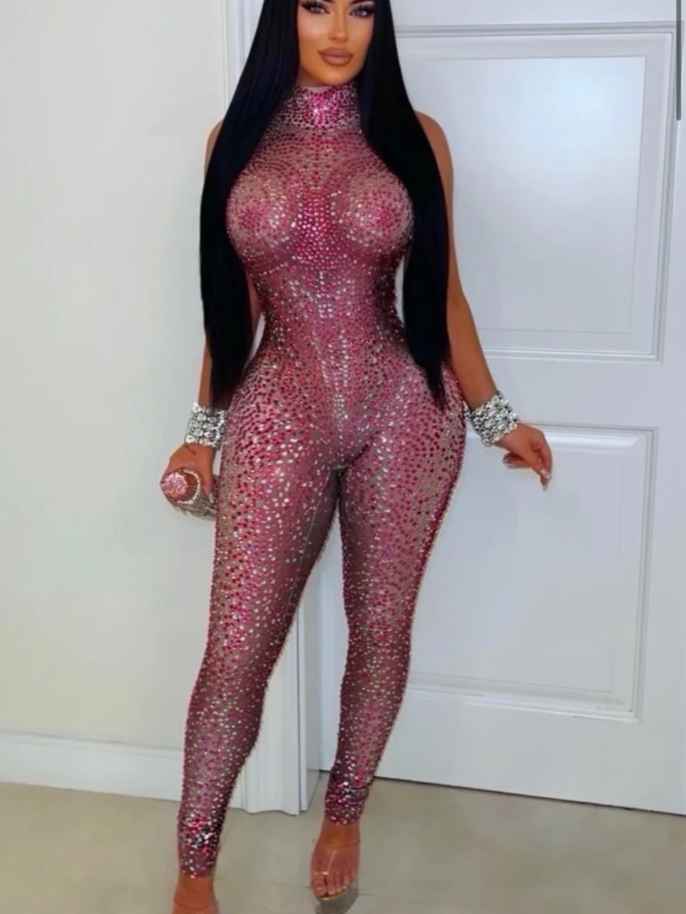 Sleeveless Pink Sequin Jumpsuit with High Neck